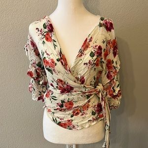 Skyler + Madison Floral Wrap with Ties Crop Drop Shoulder Pleated 3/4 Sleeve Top